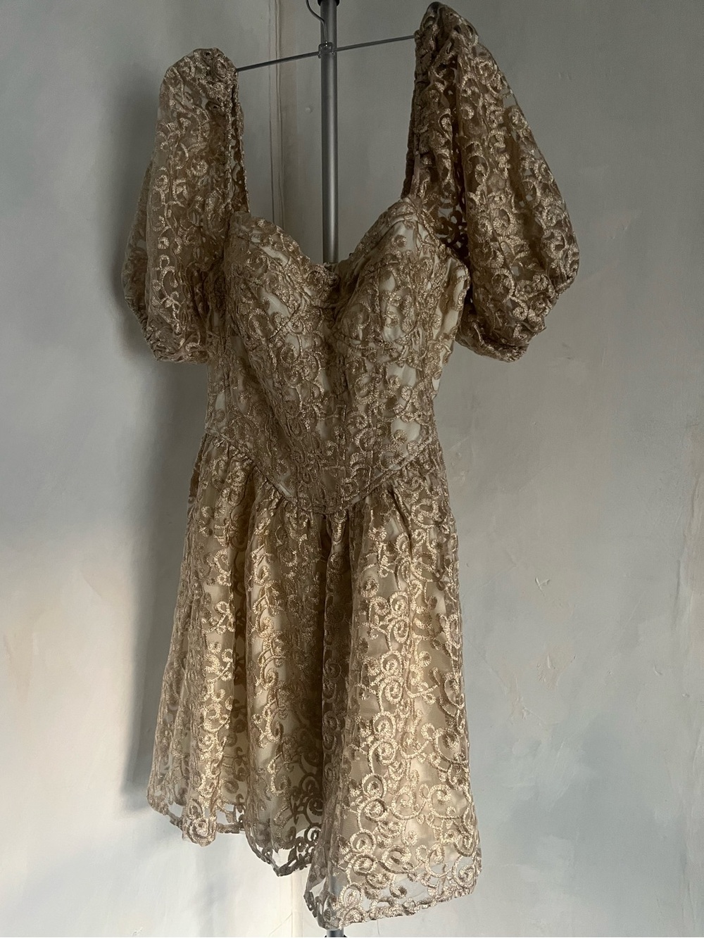 Storia Champagne Lace Puff-Sleeve Mini Dress